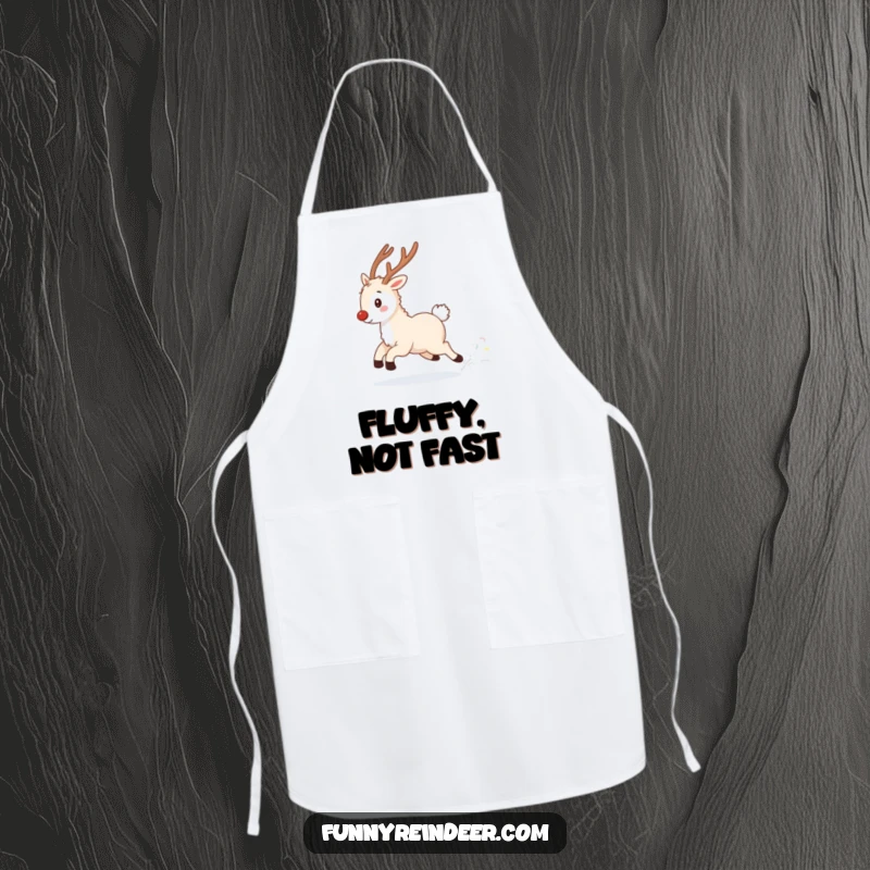 Funny cooking apron showing a fluffy reindeer playfully chasing its twinkling tail in a snowy field, ideal for winter chefs.