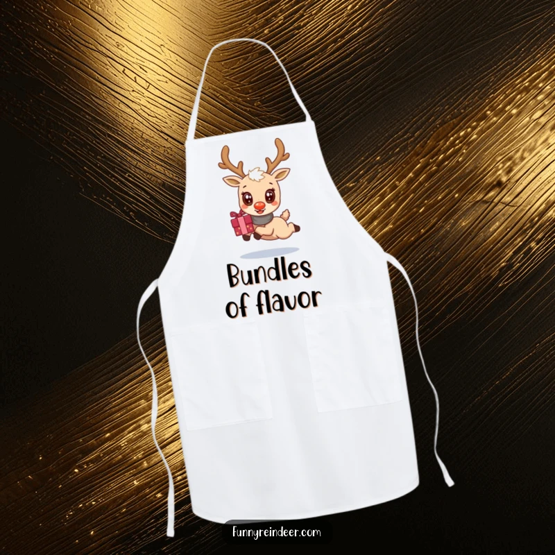 Funny apron showcasing a kawaii reindeer with big, cheerful eyes, actively leaping while holding a holiday gift bundle, perfect for festive cooking.