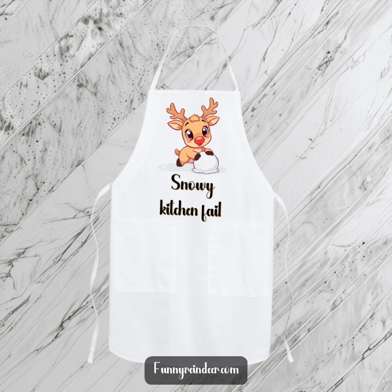 Funny Reindeer Apron: A kawaii reindeer trips over a snowball, perfect for cute kitchen fun.