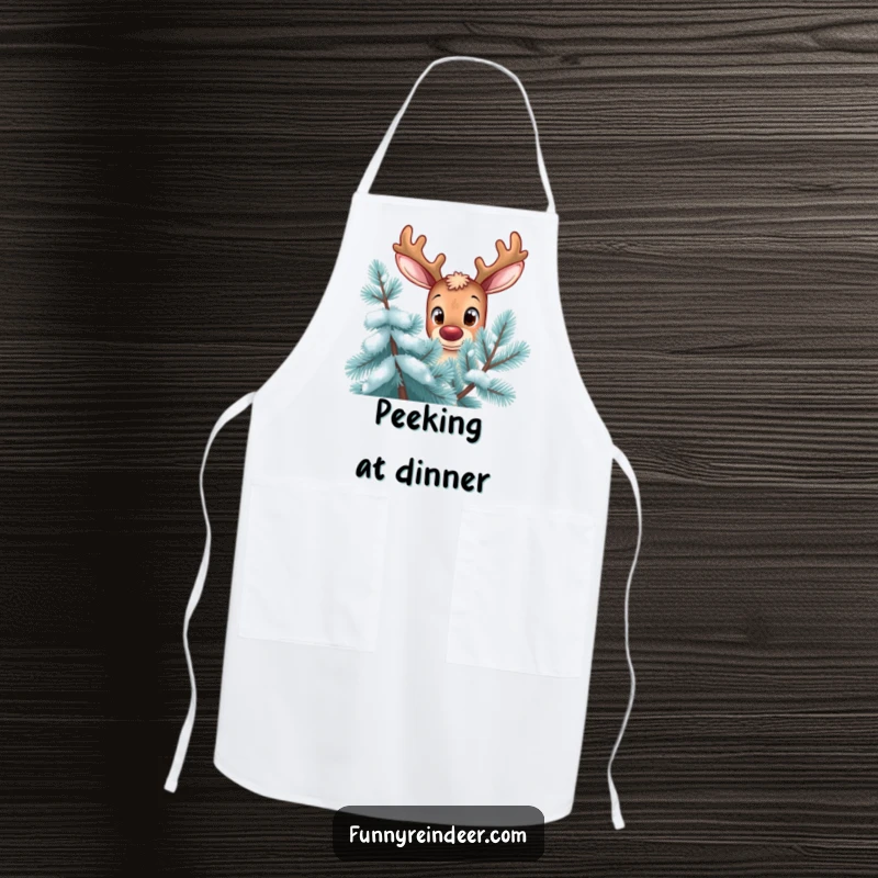 Funny reindeer apron, curious expression, oversized eyes, peering from behind a frosty pine tree, practical and humorous kitchen wear.