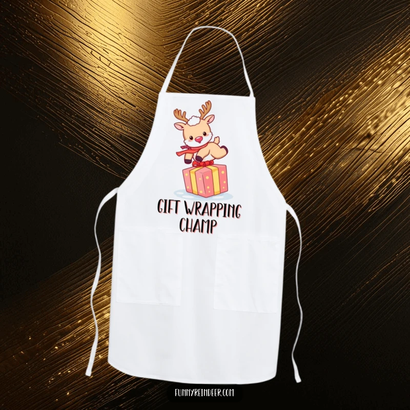 Funny Reindeer Apron: A reindeer joyfully leaps over a gift, perfect for festive holiday baking.
