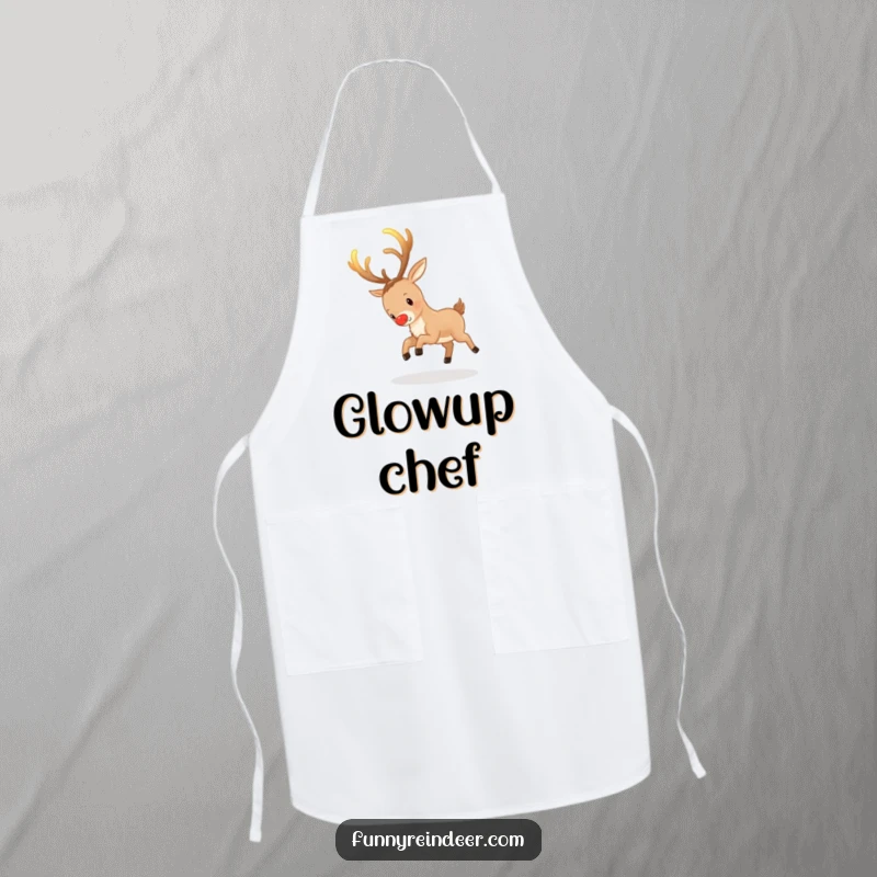 Funny Reindeer Apron: A reindeer chases its glowing antlers, perfect for creative kitchen fun.