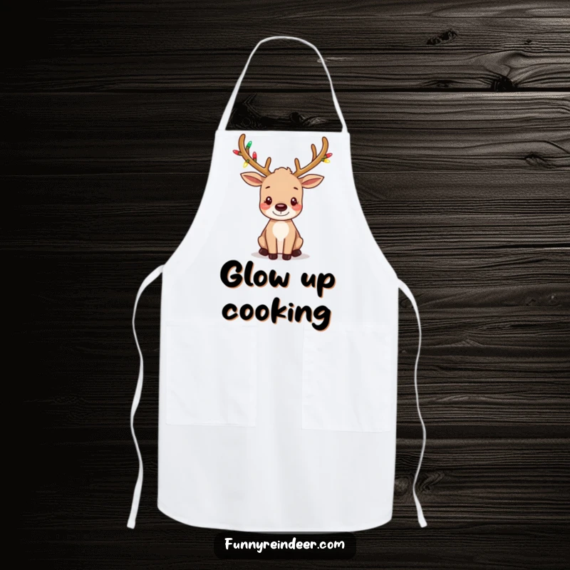 Funny apron showcasing a cute reindeer with tiny, festive light-adorned antlers and playfully wiggling ears, perfect for holiday cooking.