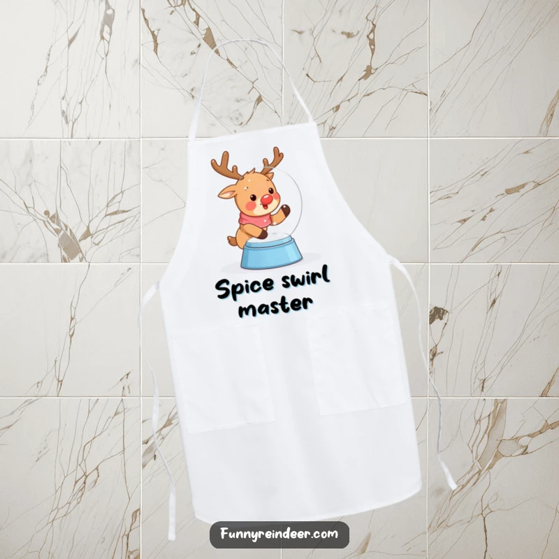Funny apron showcasing a cute kawaii reindeer excitedly shaking a snow globe, surrounded by falling snow, perfect for winter cooking.
