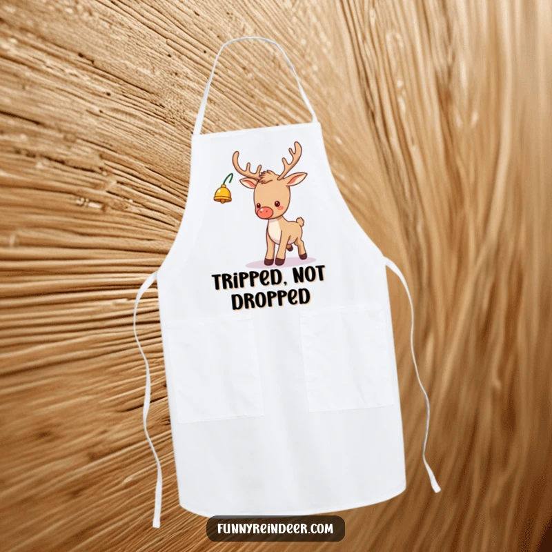 Funny cooking apron showing a silly reindeer with a bell on its antler, comically tripping while preparing holiday treats, perfect for chefs.