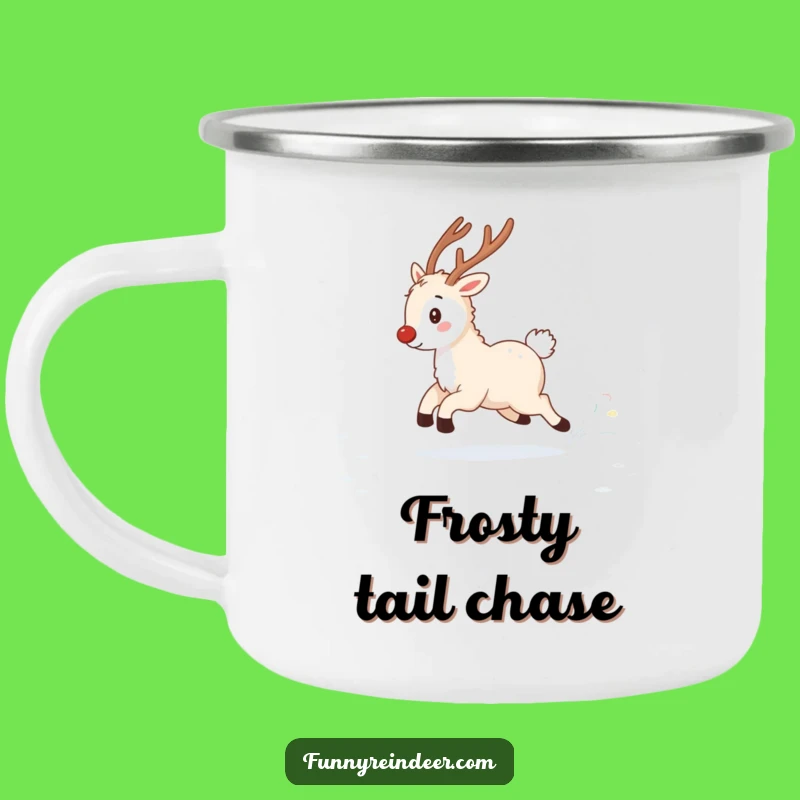 Funny Fluffy Reindeer Tail Chase Camping Mug: Adventure with Winter Whimsy