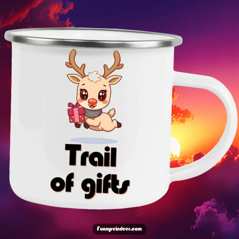 Funny camping mug with a wide-eyed kawaii reindeer joyfully leaping while clutching a bundle of holiday gifts, ready for adventure.
