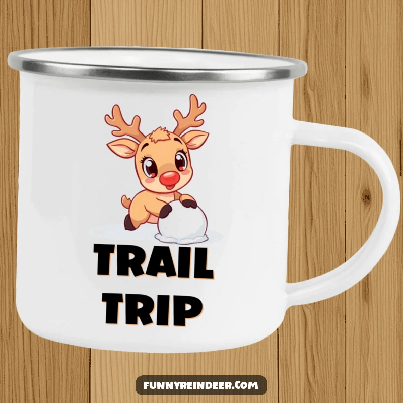 Funny Reindeer Camping Mug: A kawaii reindeer trips over a snowball, perfect for cozying up outdoors.