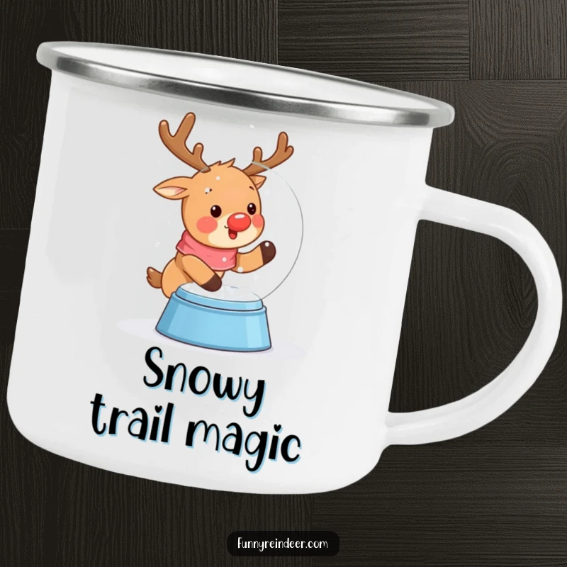 Funny camping mug with a cute kawaii reindeer excitedly shaking a snow globe, surrounded by gently falling snow.