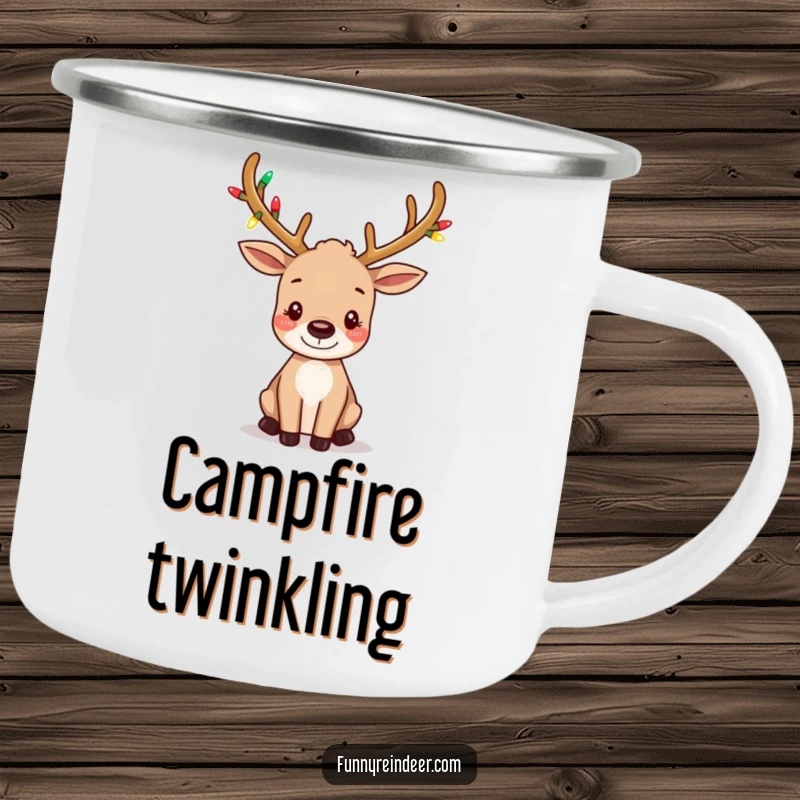 Funny camping mug with a cute reindeer sporting tiny antlers adorned with festive lights and playfully wiggling ears.