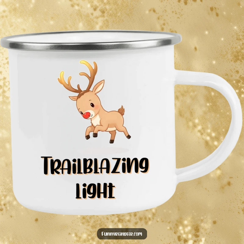 Funny Reindeer Camping Mug: A reindeer chases its glowing antlers, perfect for whimsical outdoor fun.