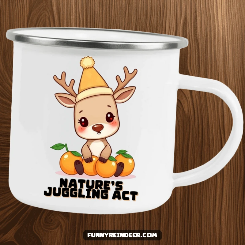 Funny reindeer in a silly hat, balancing oranges, on a rugged camping mug. Ideal for outdoor humor.