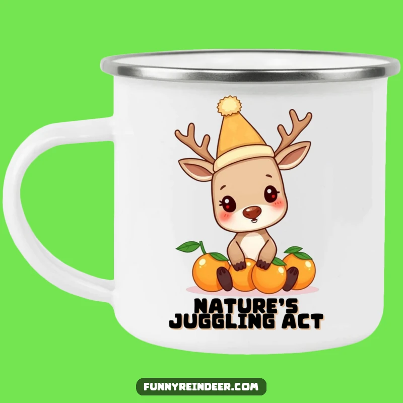 Funny Reindeer Balancing Oranges Camping Mug - Durable and Hilarious Outdoor Companion