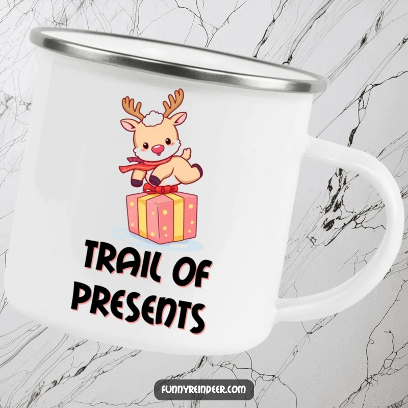Funny Reindeer Camping Mug: A happy reindeer leaps over a gift, perfect for holiday camping.