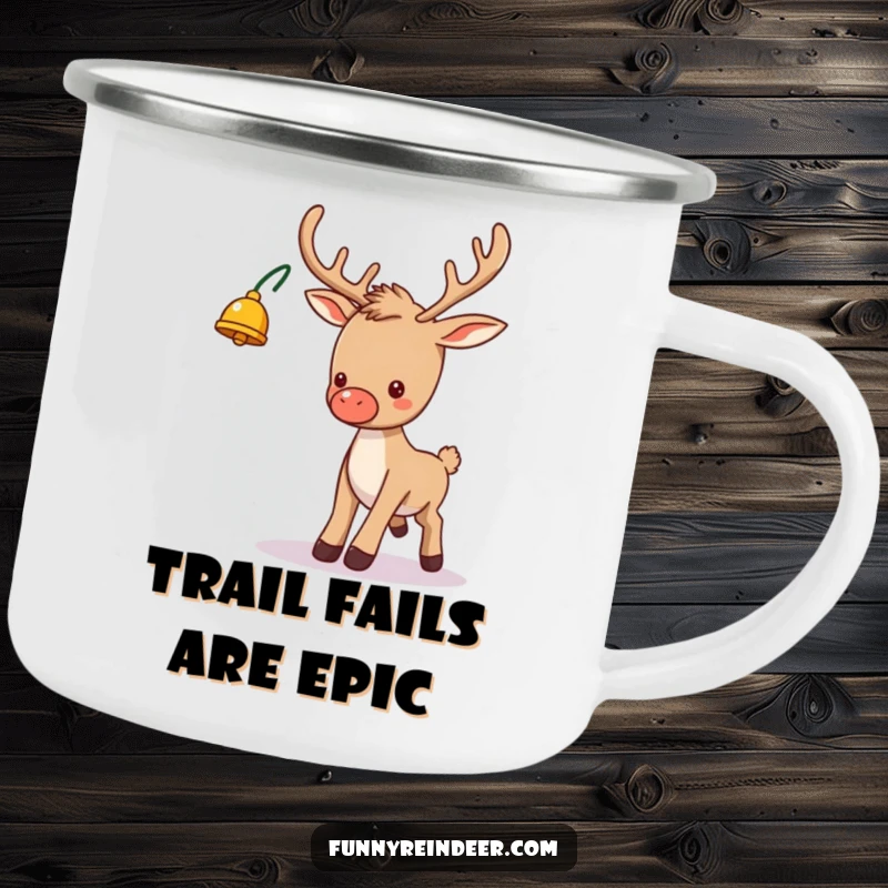 Funny enamel camping mug featuring a silly reindeer with a bell on its antler, comically tripping during an outdoor holiday adventure.