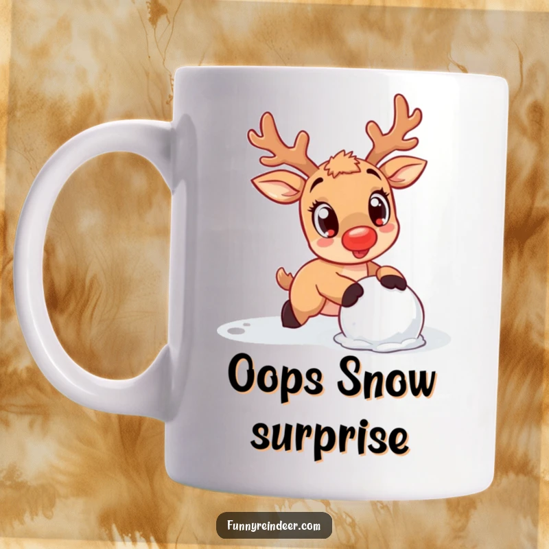 Funny Reindeer Mug: A cute kawaii reindeer with wide eyes trips comically over a snowball, embodying adorable misfortune.