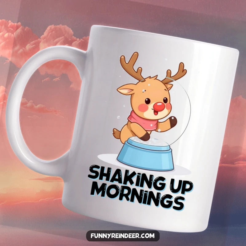 Funny mug with a kawaii reindeer excitedly shaking a snow globe, with gentle snow falling around its festive form.