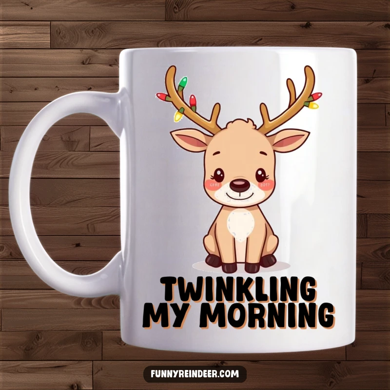 Funny mug featuring a cute reindeer with tiny, decorated antlers glowing with festive lights and playfully wiggling its ears.