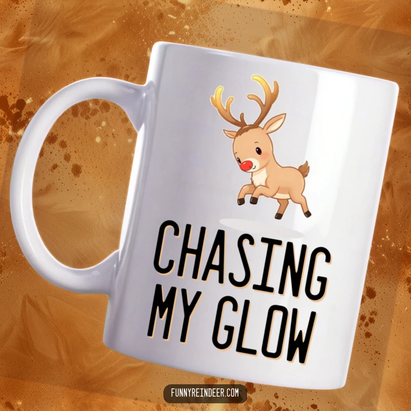 Funny Reindeer Mug: A reindeer playfully chases its own bright, glowing antlers, embodying whimsical fun.