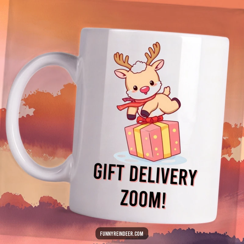 Funny Reindeer Mug: A fluffy reindeer jumps joyfully over a vibrant gift, embodying holiday cheer and fun.