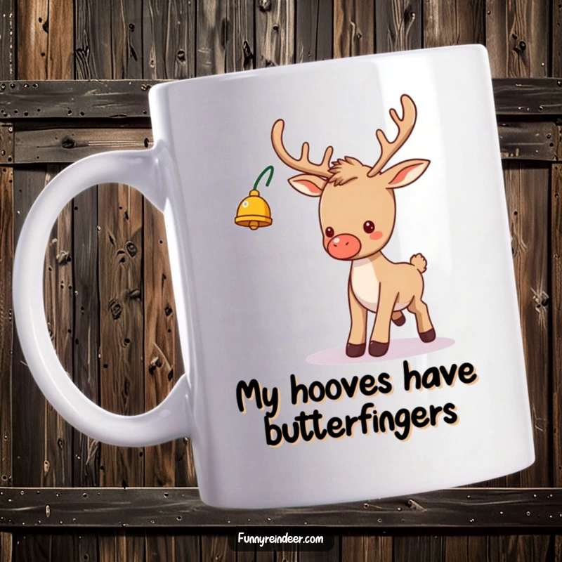 Funny Christmas mug depicts a silly reindeer with a bell on one antler, comically tripping in a playful, yet festive, holiday scene.