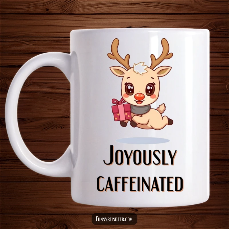 Funny mug with a kawaii reindeer with huge, happy eyes, joyfully leaping mid-air while clutching a festive gift bundle.