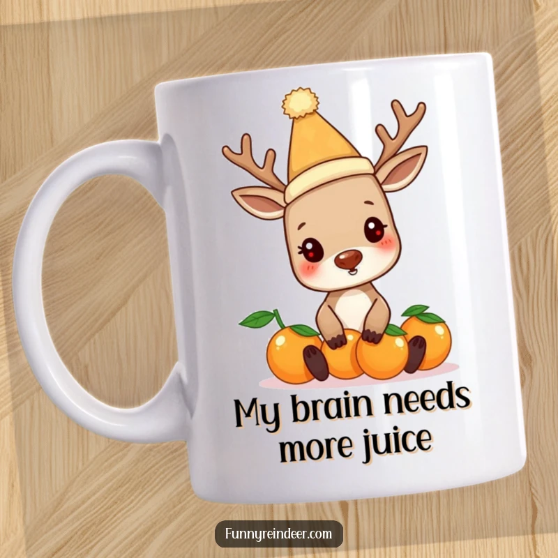 Funny reindeer in a silly hat, struggling to balance several oranges, on a holiday mug. A comical scene for Christmas lovers.