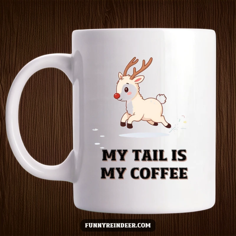 Funny mug depicts a fluffy reindeer comically chasing its own twinkling tail in a whimsical, snowy winter field, radiating pure joy.