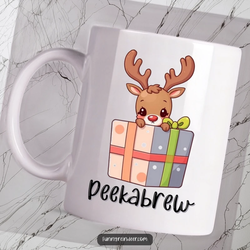 Funny mug showing a shy reindeer peeking its head out from behind a large, brightly colored holiday present.
