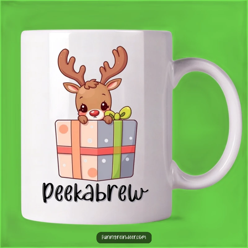 Funny Shy Reindeer Present Peek Mug: Adorable & Mysterious Holiday Surprise
