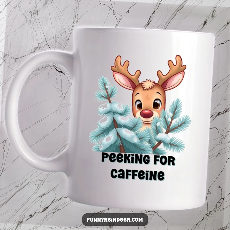 Funny reindeer mug, curious expression, oversized eyes, peering from behind a frosty pine tree, adorable and humorous winter scene.