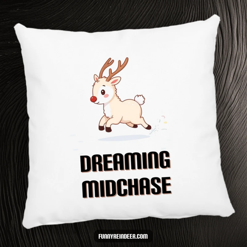 Funny decorative pillow featuring a fluffy reindeer joyfully pursuing its twinkling tail in a snowy field, designed for comfort and charm.
