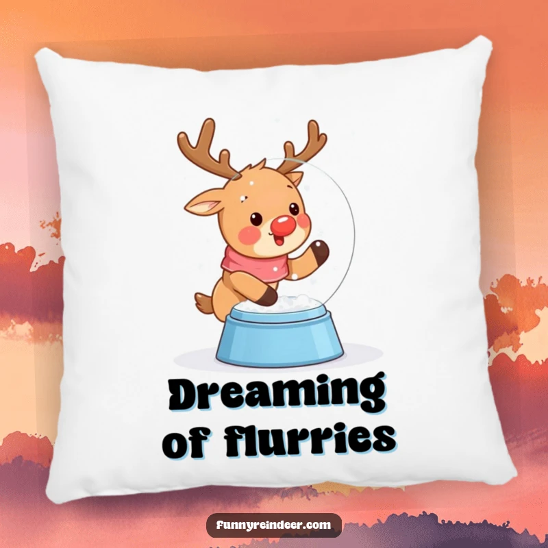 Funny pillow decorated with a charming kawaii reindeer excitedly shaking a snow globe, surrounded by a flurry of gentle snowflakes.
