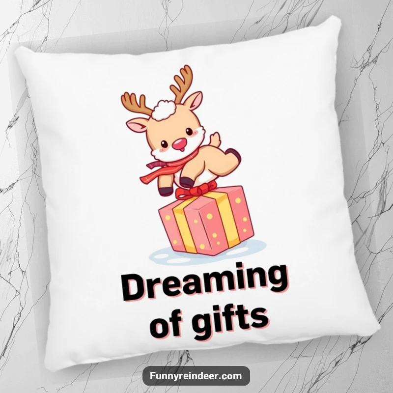 Funny Reindeer Pillow: A happy reindeer mid-leap over a colorful gift, bringing cozy holiday cheer.