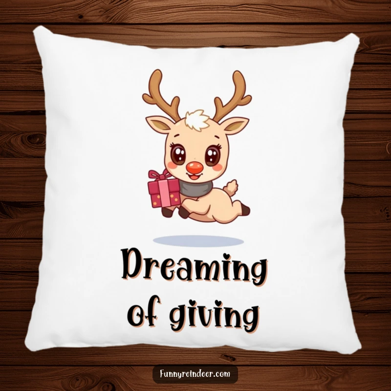 Funny pillow decorated with a cute kawaii reindeer, its oversized eyes wide with excitement, leaping with a holiday gift bundle.