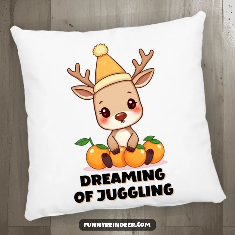 Funny reindeer wearing a silly hat, attempting to keep oranges balanced, on a soft decorative pillow. Cozy and comical accent.