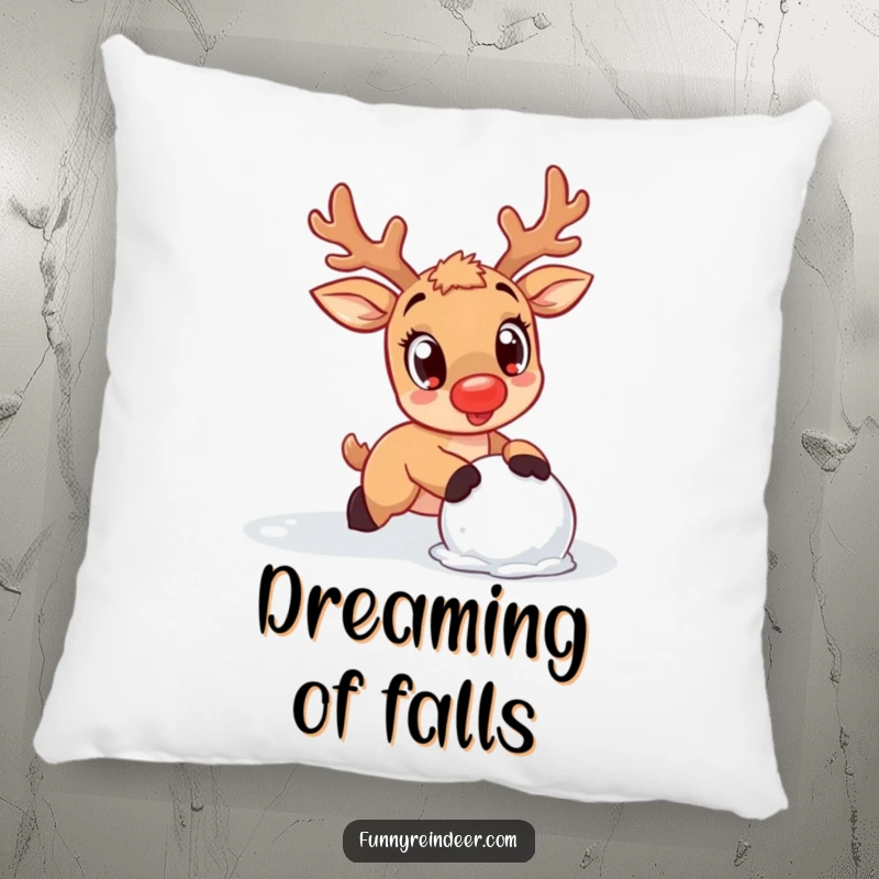 Funny Reindeer Pillow: A kawaii reindeer with amazed eyes trips over a snowball, bringing cute comfort.