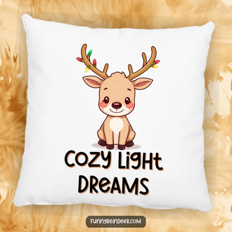 Funny pillow decorated with a charming reindeer whose tiny antlers sparkle with festive lights and its ears are wiggling adorably.
