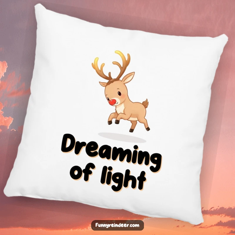 Funny Reindeer Pillow: A reindeer playfully chases its glowing antlers, bringing cozy whimsy.