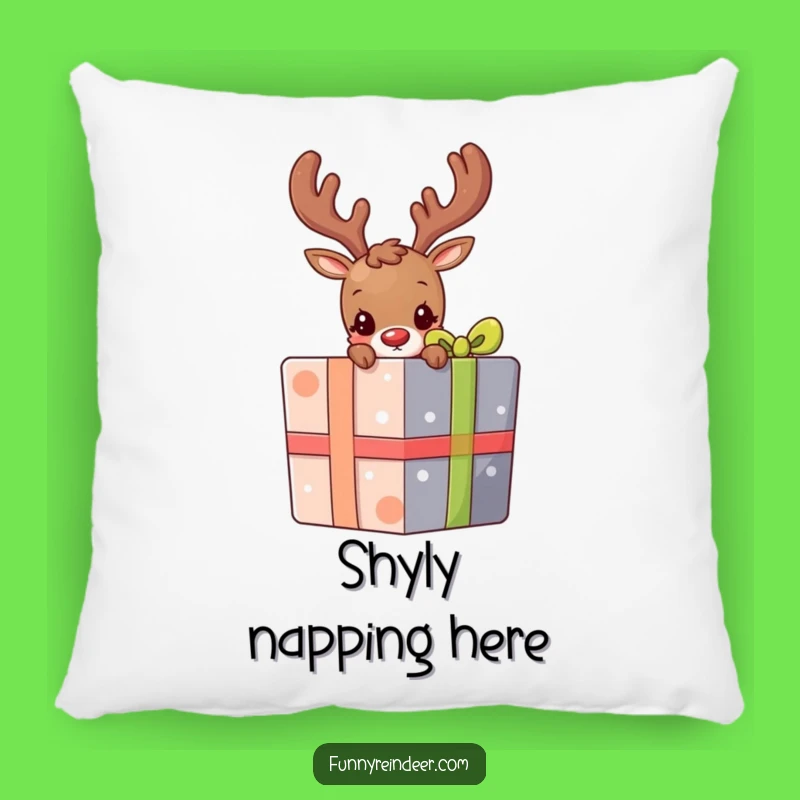Funny Shy Reindeer Present Peek Pillow: Cozy & Mysterious Holiday Decor