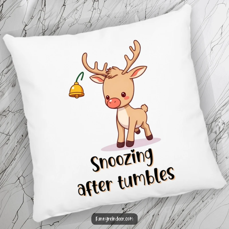 Funny decorative pillow featuring a silly reindeer with a bell on its antler, humorously tripping, designed for cozy holiday comfort and laughs.