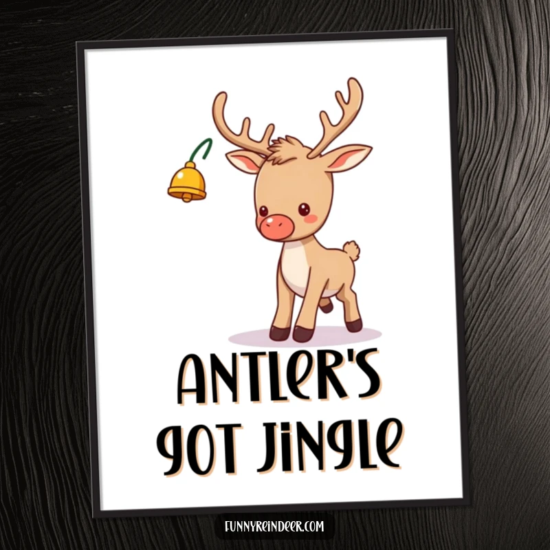 Funny digital art print of a silly reindeer with a bell on its antler, comically tripping, bringing instant holiday laughter to any space.