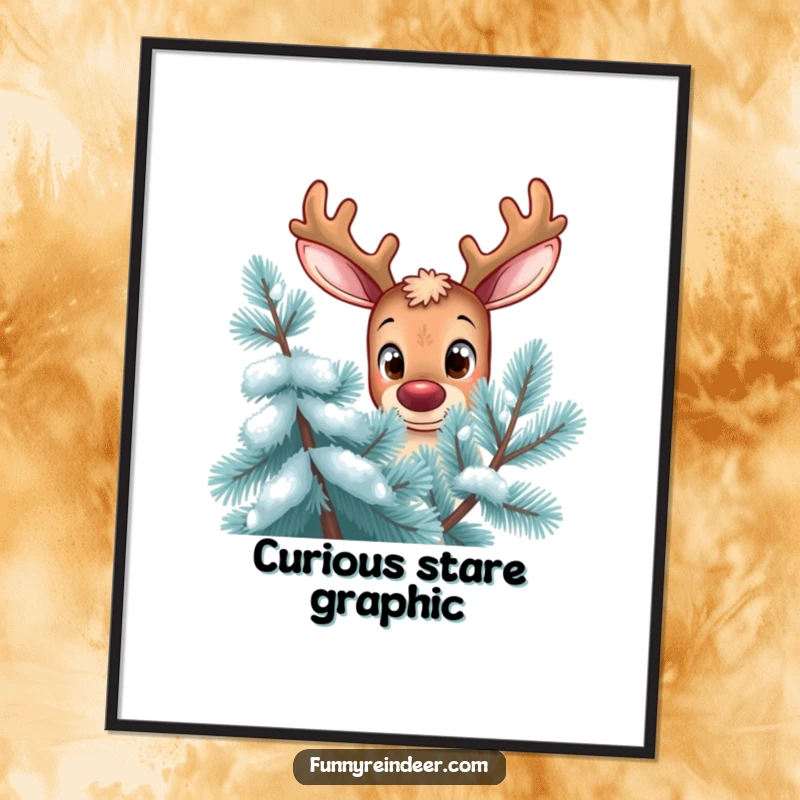 Funny reindeer digital art print, curious expression, oversized eyes, peering from behind a frosty pine tree, instant winter wall decor.