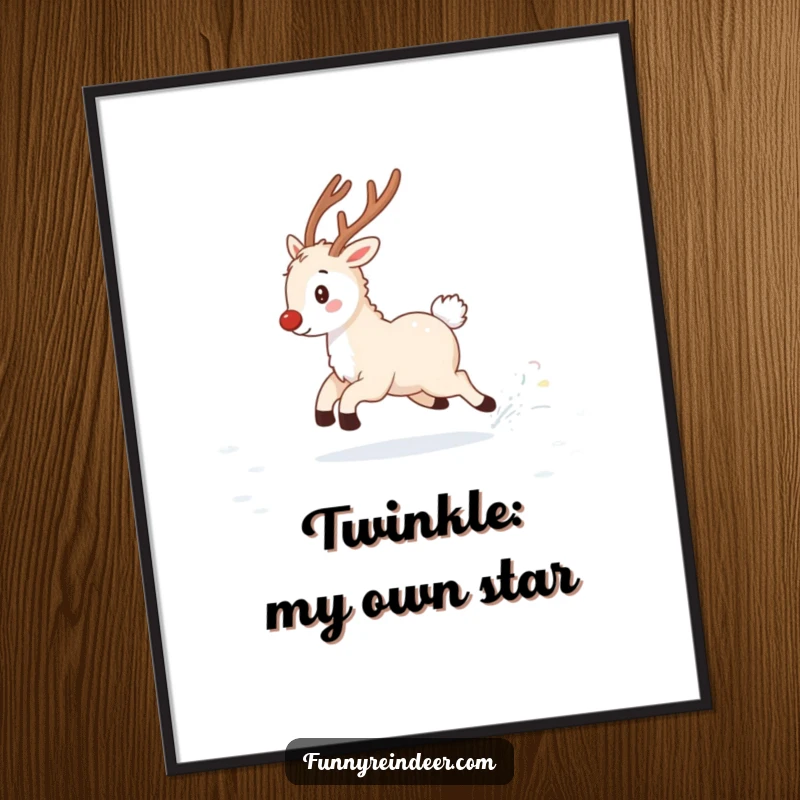 Funny digital art print of a fluffy reindeer playfully chasing its twinkling tail in a snowy field, bringing instant winter whimsy.