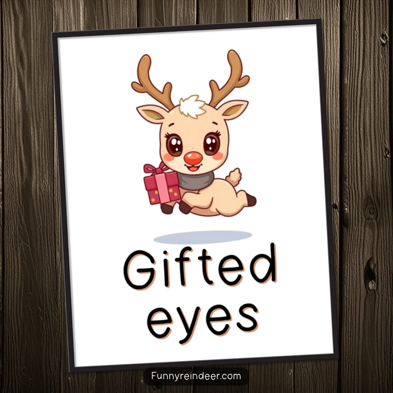 Funny digital art print of an adorable kawaii reindeer with oversized eyes, leaping with a holiday gift bundle, radiating festive joy.