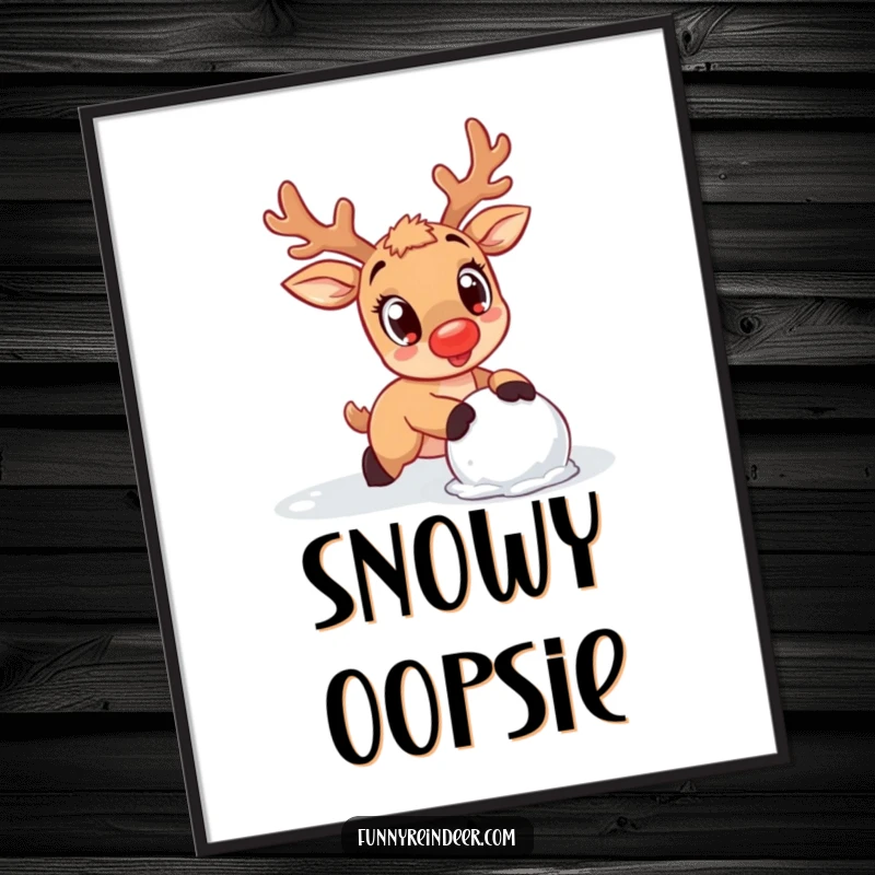 Funny Reindeer Digital Art: A kawaii reindeer with wide eyes trips over a snowball, capturing endearing clumsiness.