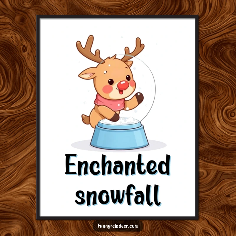 Funny digital art print of a cute kawaii reindeer excitedly shaking a snow globe, with snow falling around.