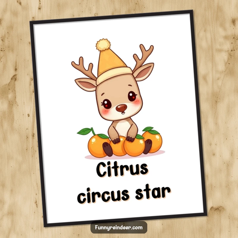 Funny reindeer in a silly hat, comically balancing oranges, as a downloadable digital art print. Festive and humorous artwork.