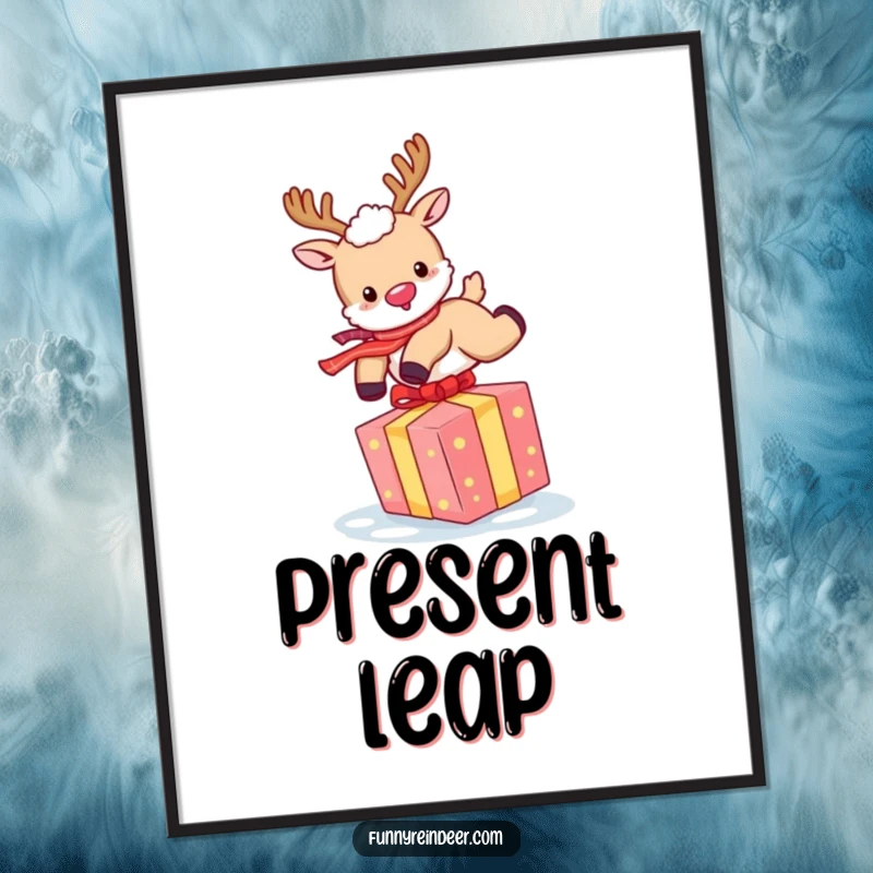 Funny Reindeer Digital Art: A fluffy reindeer joyfully leaps over a colorful gift, embodying holiday spirit.