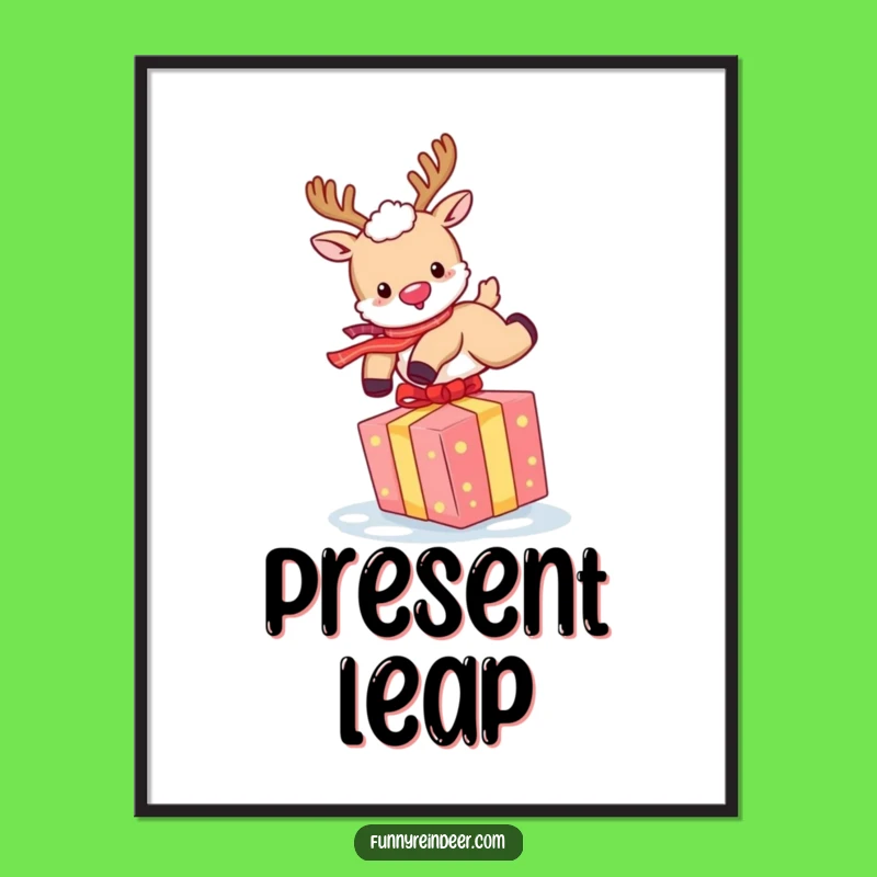 Funny Reindeer Gift Leap Digital Art: Instant Holiday Cheer for Your Walls